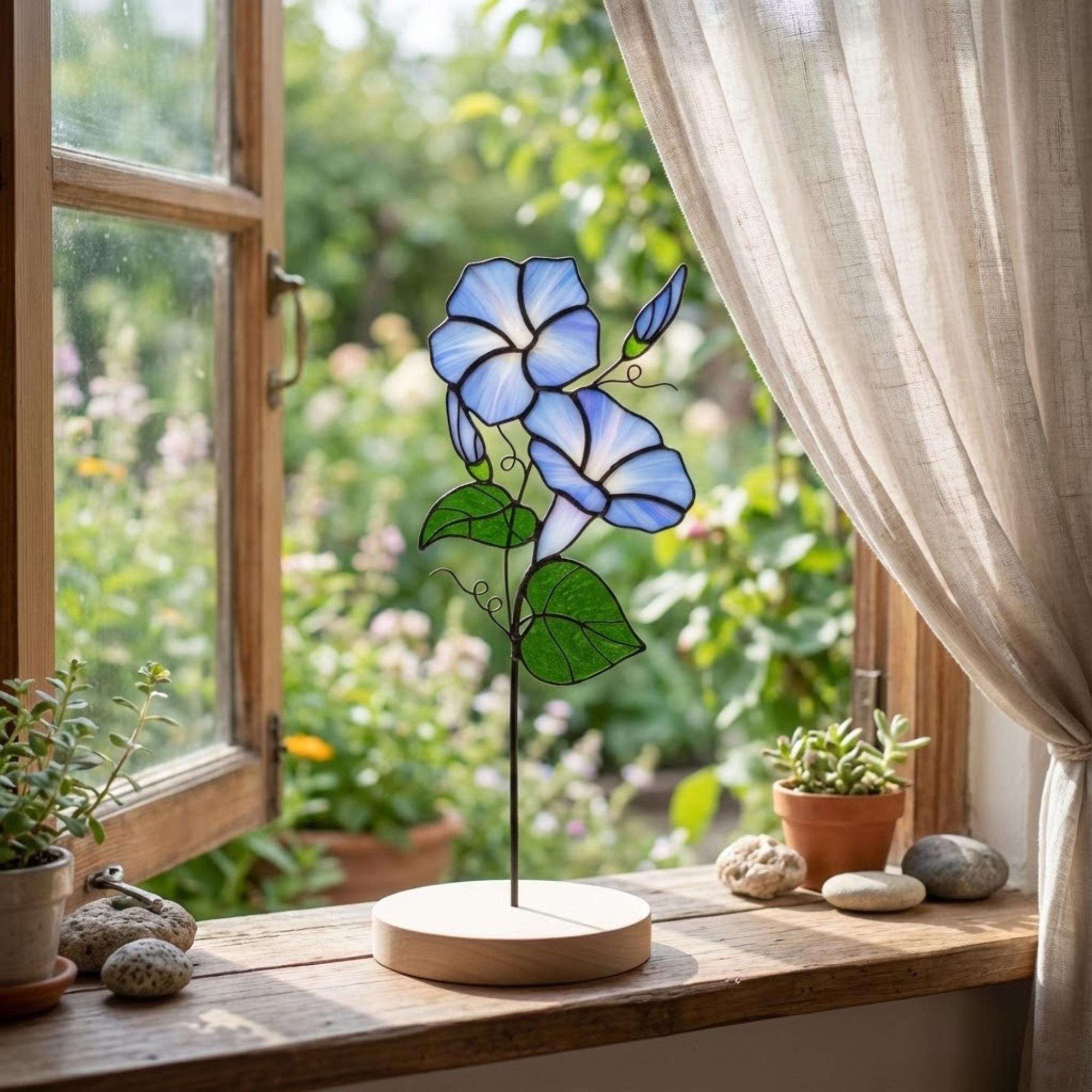 Stained glass birth month flower standing on wood base, personalized gift for mom, available in 12 monthly floral designs like rose iris and daffodil.