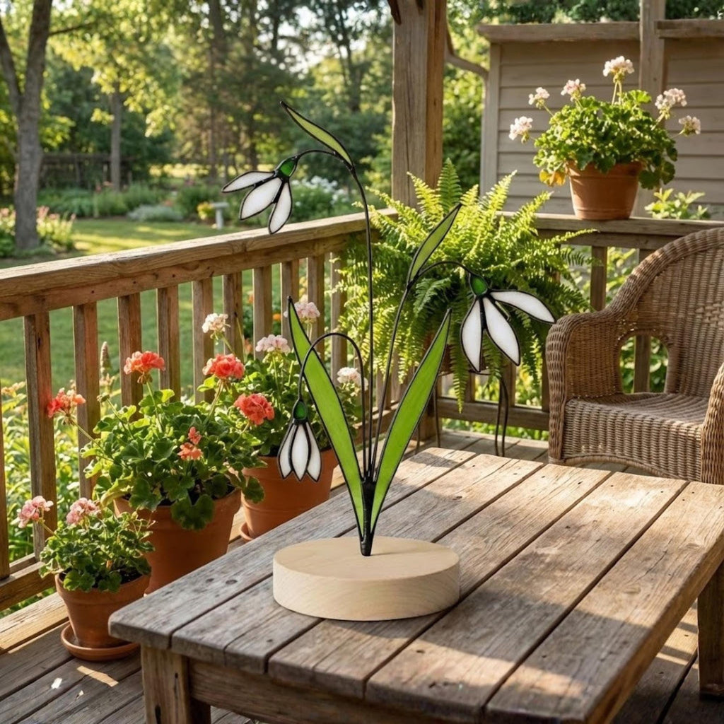 Stained glass snowdrop flower with white petals and green leaves, January birth month gift, available with personalized wood stand or as a single stem.