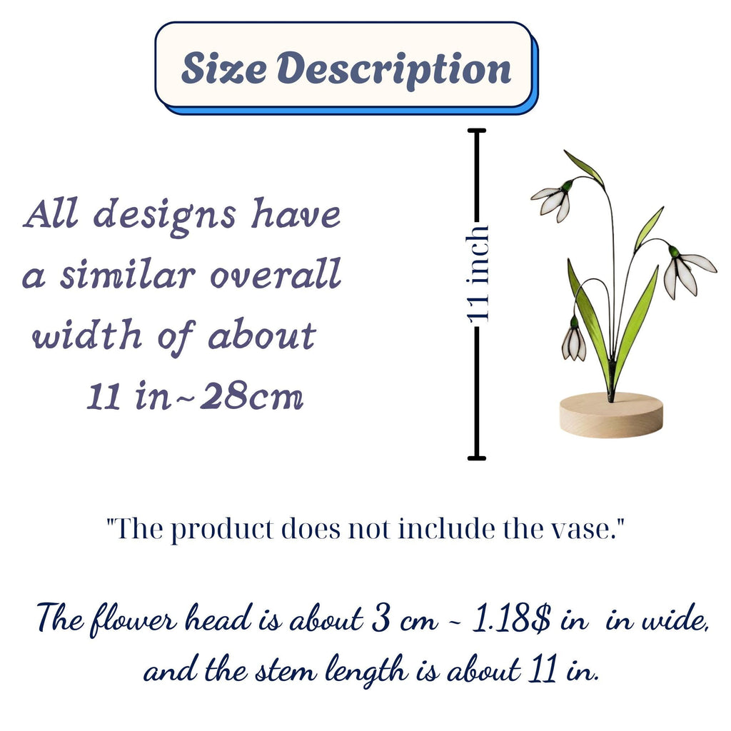 Stained glass snowdrop flower with white petals and green leaves, January birth month gift, available with personalized wood stand or as a single stem.