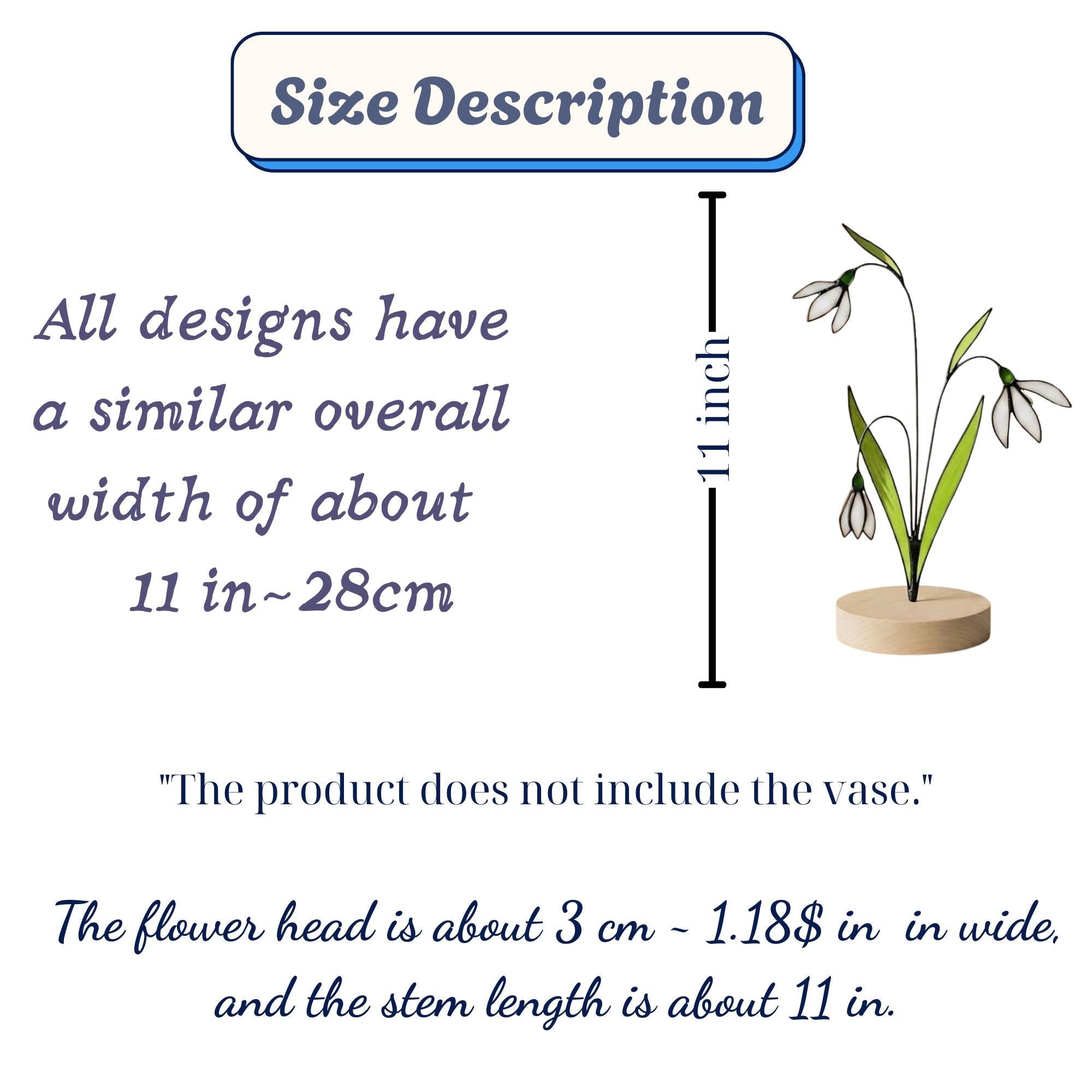 Stained glass snowdrop flower with white petals and green leaves, January birth month gift, available with personalized wood stand or as a single stem.