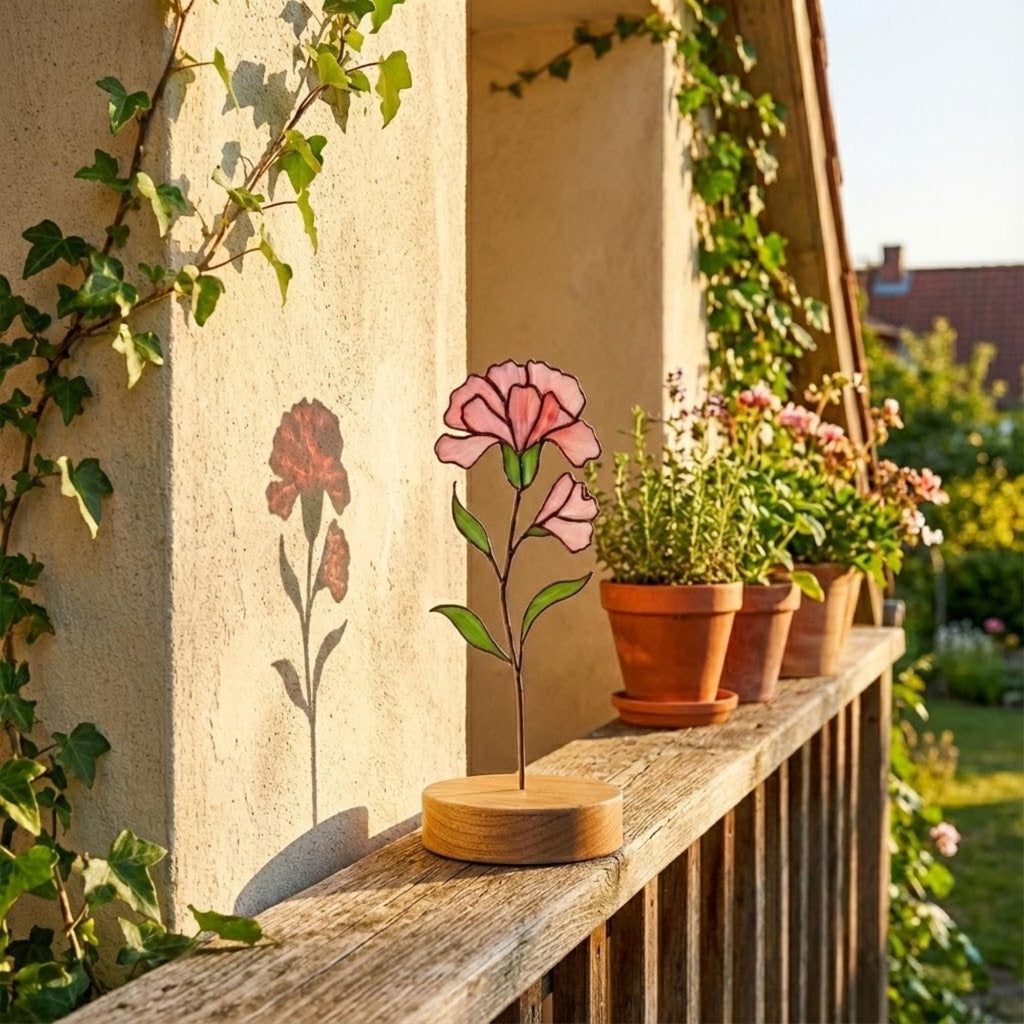 Stained glass pink carnation flower, January birth month gift, available with personalized wood stand or as a single stem for vase.