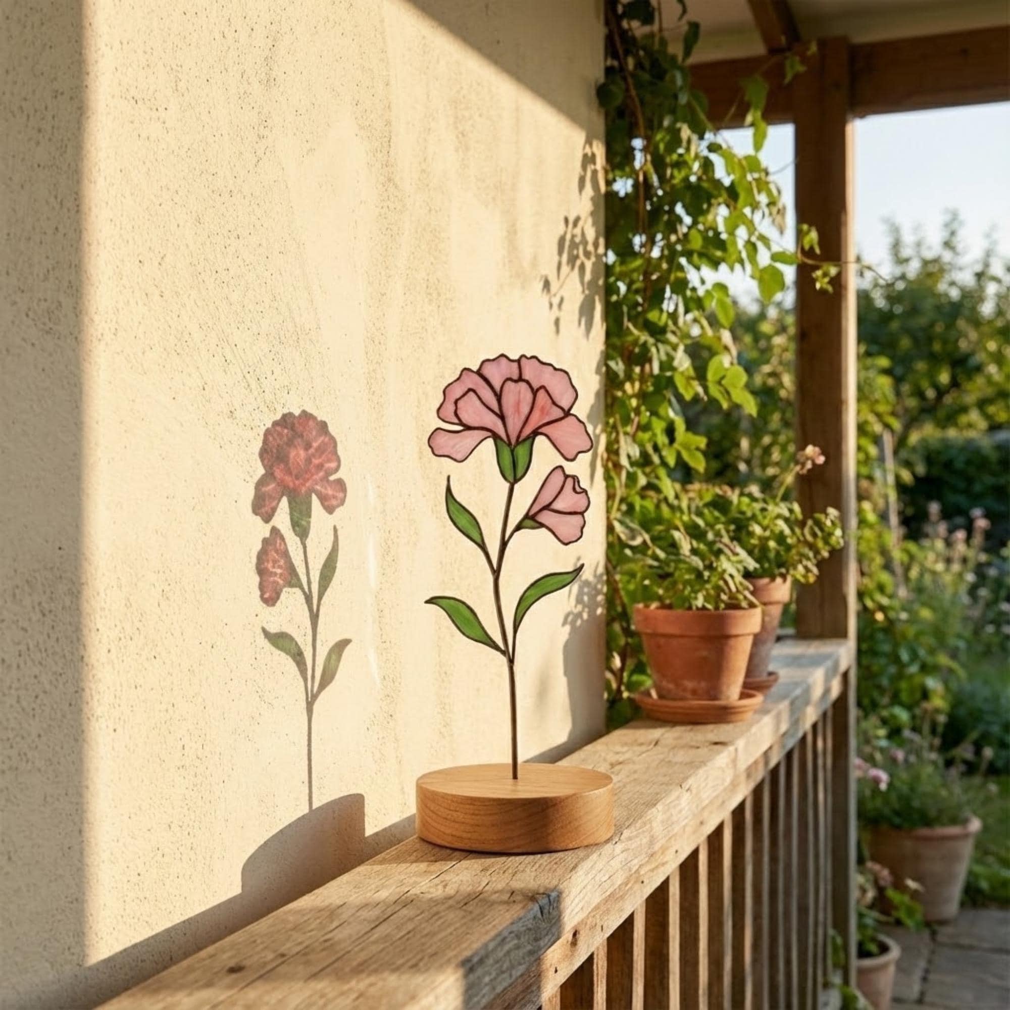 Stained glass pink carnation flower, January birth month gift, available with personalized wood stand or as a single stem for vase.