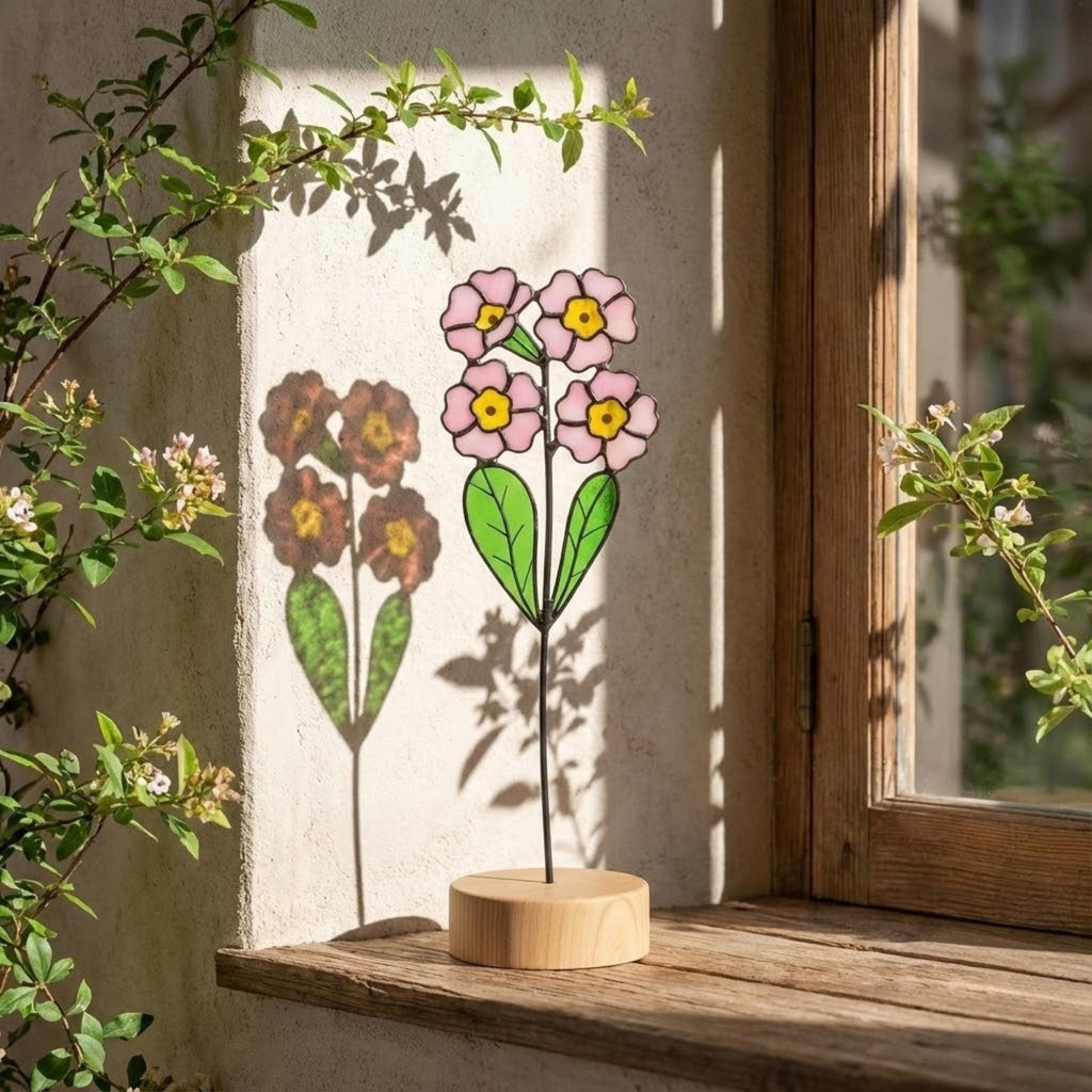 Stained glass pink primrose flower with yellow centers, February birth month gift, available with personalized wood stand or as a single stem.