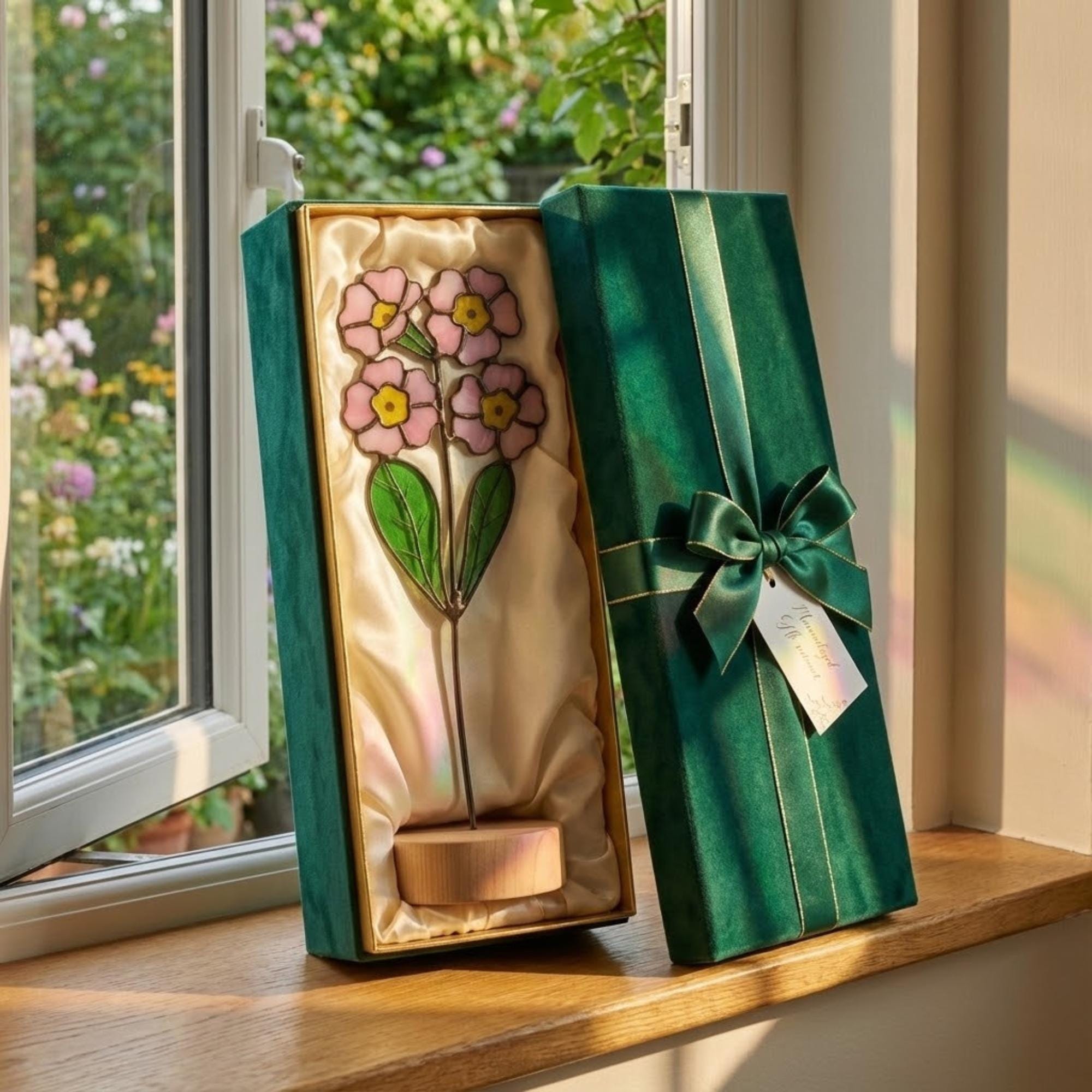 Stained glass pink primrose flower with yellow centers, February birth month gift, available with personalized wood stand or as a single stem.