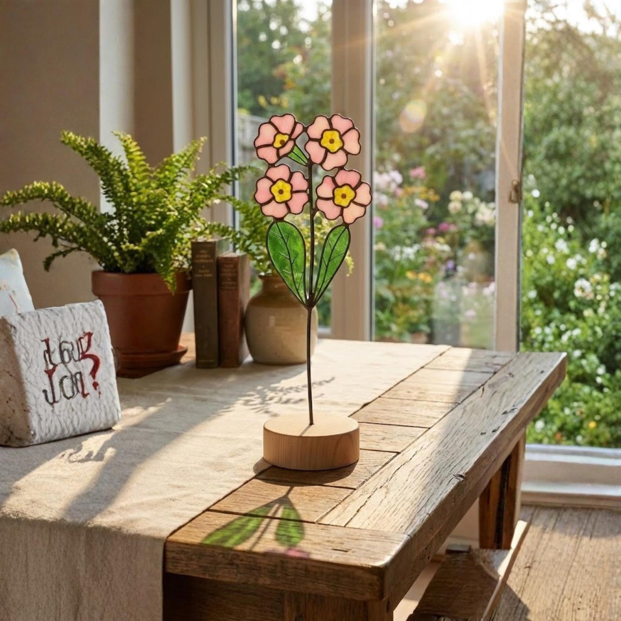 Stained glass pink primrose flower with yellow centers, February birth month gift, available with personalized wood stand or as a single stem.