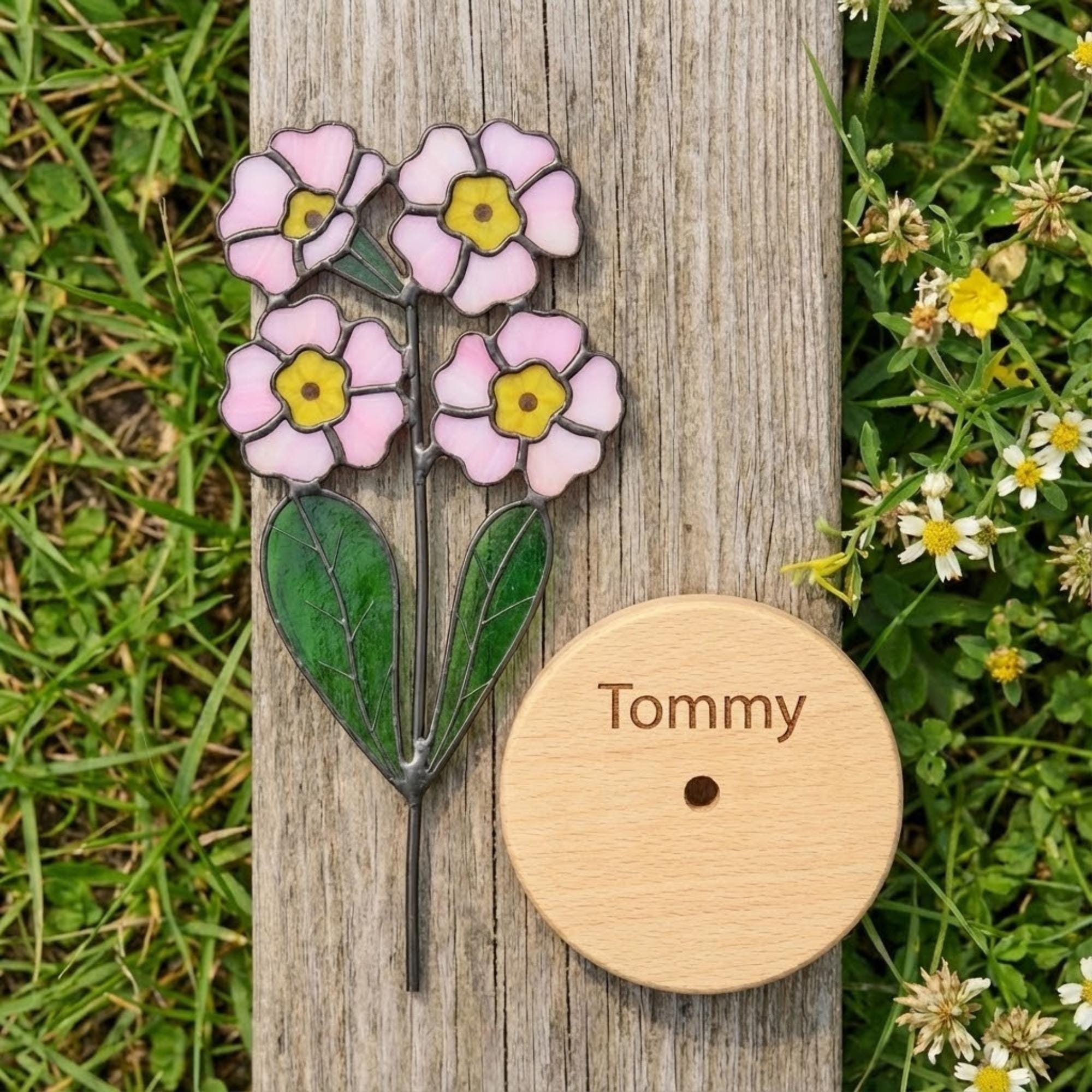 Stained glass pink primrose flower with yellow centers, February birth month gift, available with personalized wood stand or as a single stem.