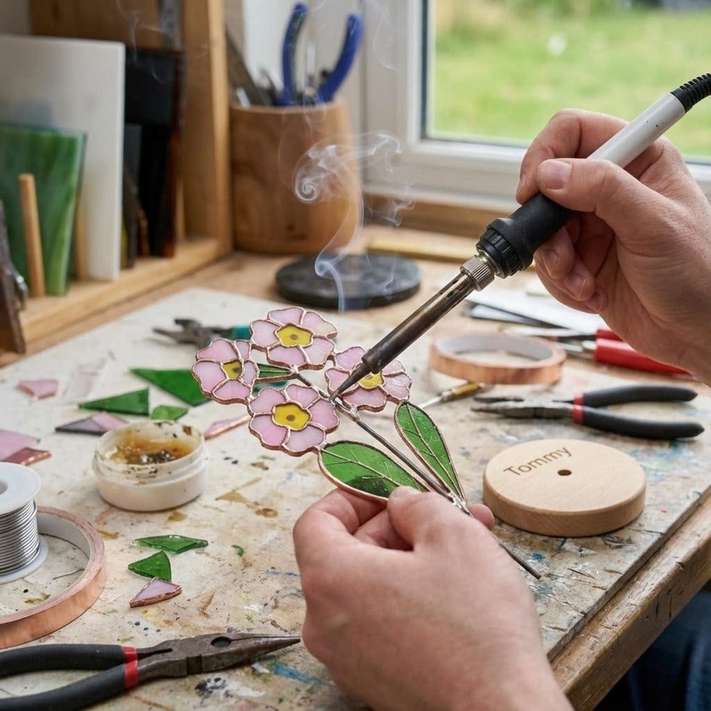 Stained glass pink primrose flower with yellow centers, February birth month gift, available with personalized wood stand or as a single stem.