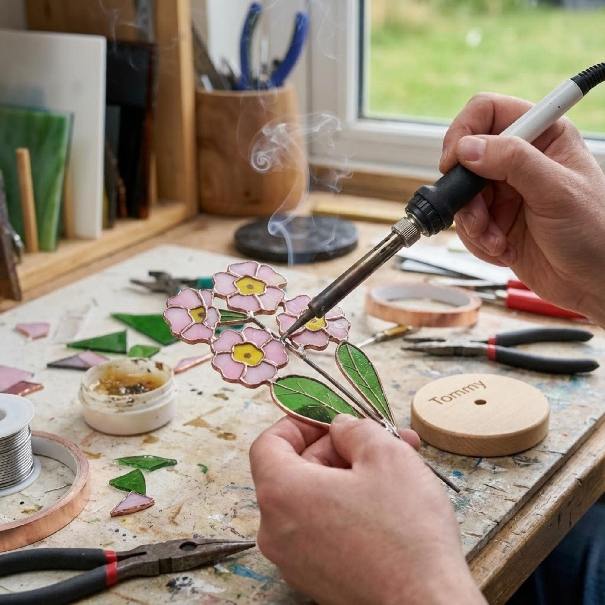 Stained glass pink primrose flower with yellow centers, February birth month gift, available with personalized wood stand or as a single stem.