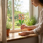 Stained glass pink primrose flower with yellow centers, February birth month gift, available with personalized wood stand or as a single stem.