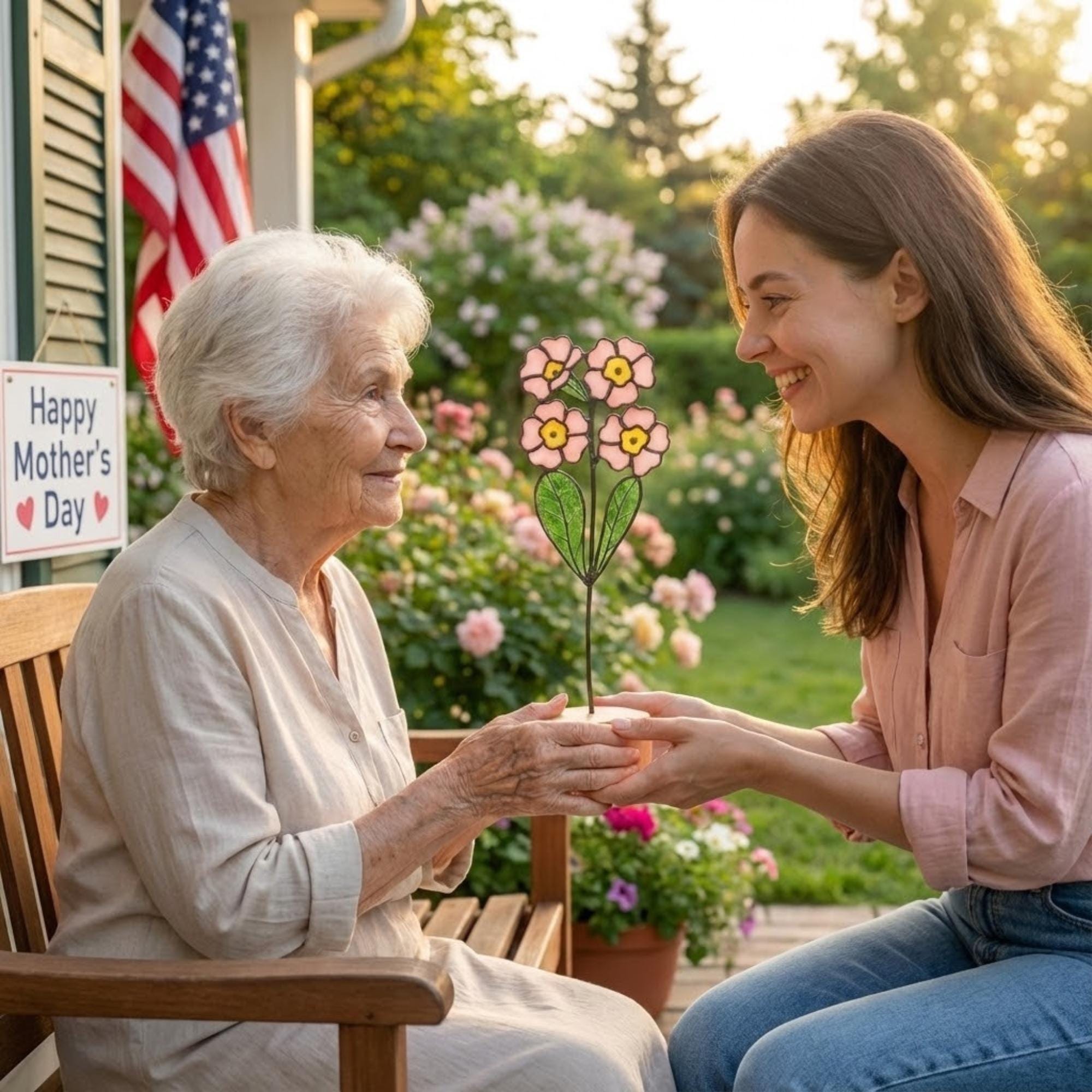 Stained glass pink primrose flower with yellow centers, February birth month gift, available with personalized wood stand or as a single stem.