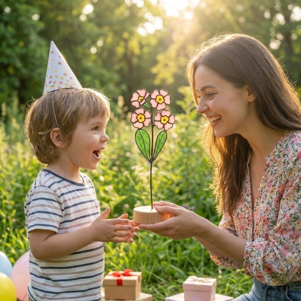 Stained glass pink primrose flower with yellow centers, February birth month gift, available with personalized wood stand or as a single stem.