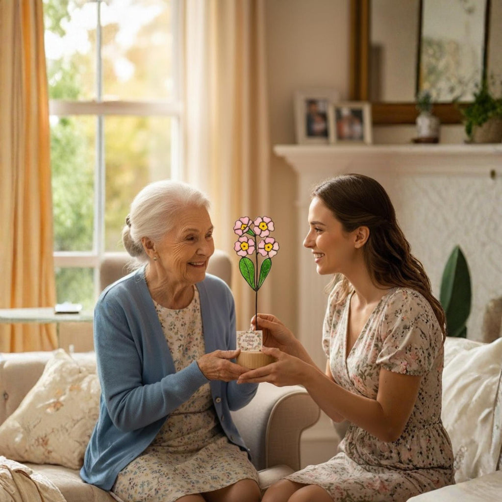 Stained glass pink primrose flower with yellow centers, February birth month gift, available with personalized wood stand or as a single stem.