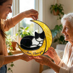 Stained Glass Cat on Moon, Celestial Suncatcher, Christmas Gift for Cat Mom, Pet Memorial Window Hanging, Unique Animal Lover Present