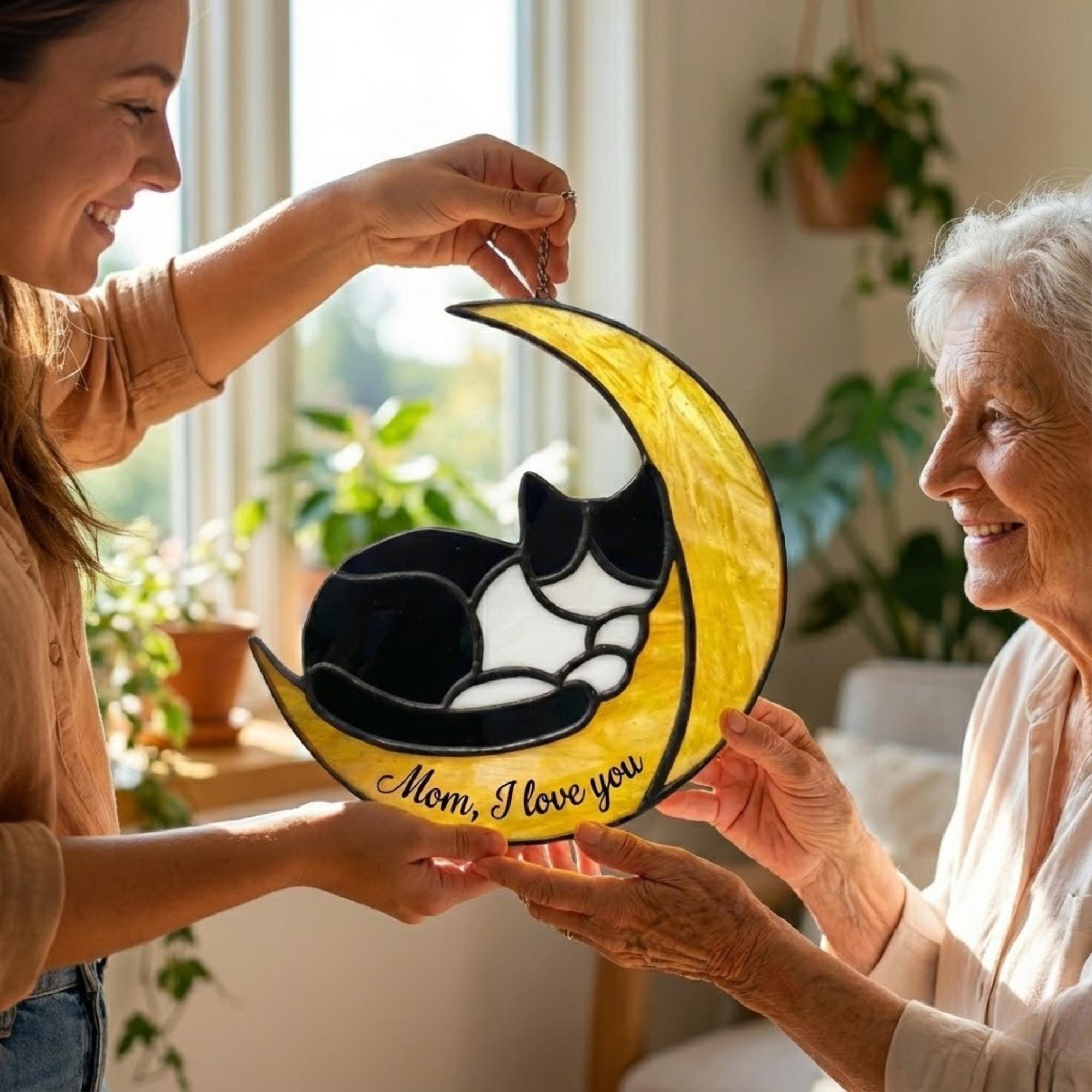 Stained Glass Cat on Moon, Celestial Suncatcher, Christmas Gift for Cat Mom, Pet Memorial Window Hanging, Unique Animal Lover Present
