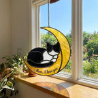 Stained Glass Cat on Moon, Celestial Suncatcher, Christmas Gift for Cat Mom, Pet Memorial Window Hanging, Unique Animal Lover Present