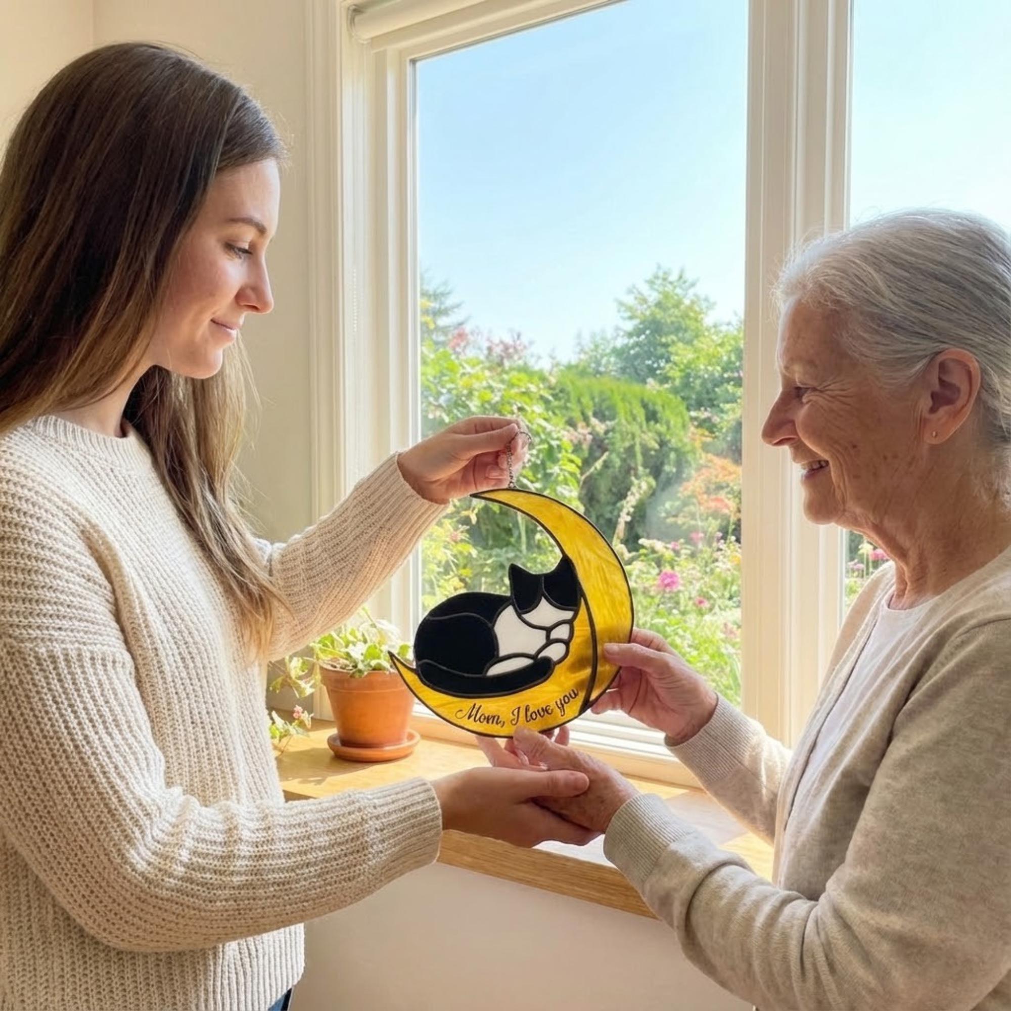 Stained Glass Cat on Moon, Celestial Suncatcher, Christmas Gift for Cat Mom, Pet Memorial Window Hanging, Unique Animal Lover Present