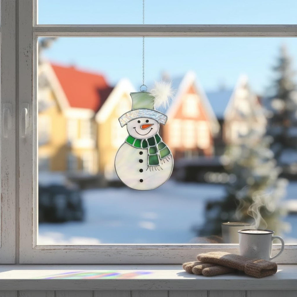 Stained glass snowman suncatcher with colorful scarf and hat, available in 9 designs, festive Christmas window hanging or wood stand decor.