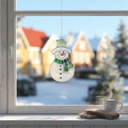 Stained glass snowman suncatcher with colorful scarf and hat, available in 9 designs, festive Christmas window hanging or wood stand decor.