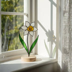 Stained glass birth month flower collection on wood stand, personalized family garden gift for mom, comprising 12 monthly floral designs like rose daisy and daffodil.