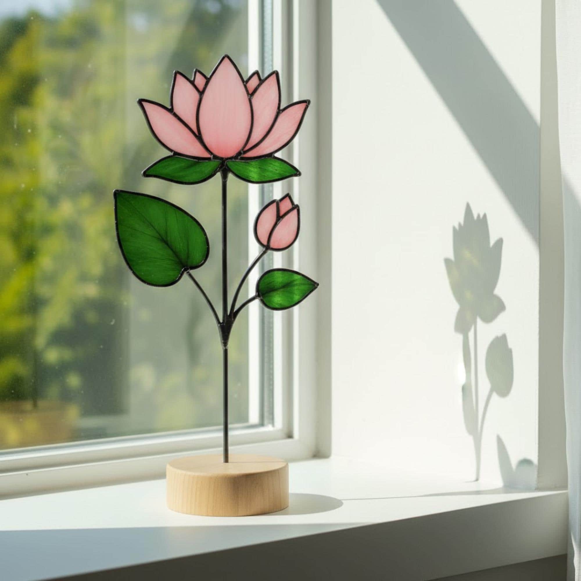 Stained glass birth month flower collection on wood stand, personalized family garden gift for mom, comprising 12 monthly floral designs like rose daisy and daffodil.