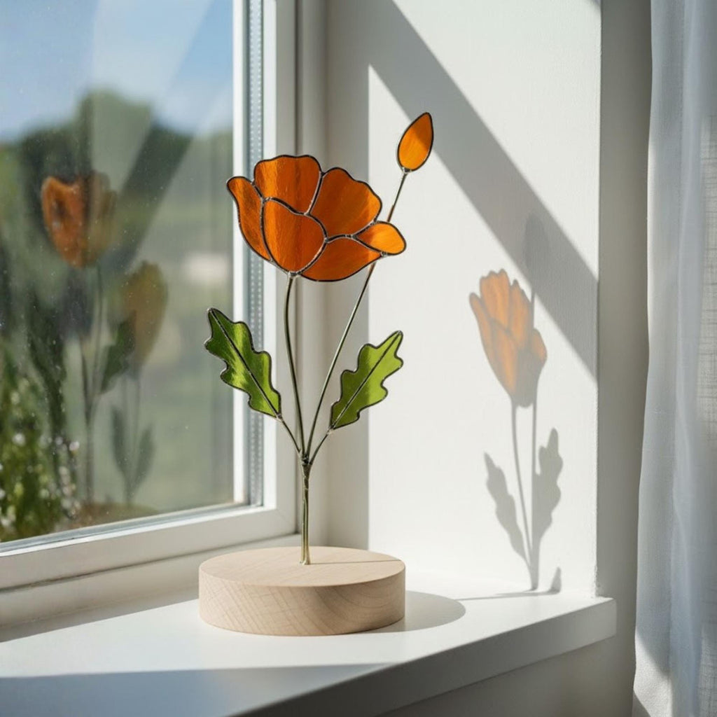 Stained glass birth month flower collection on wood stand, personalized family garden gift for mom, comprising 12 monthly floral designs like rose daisy and daffodil.