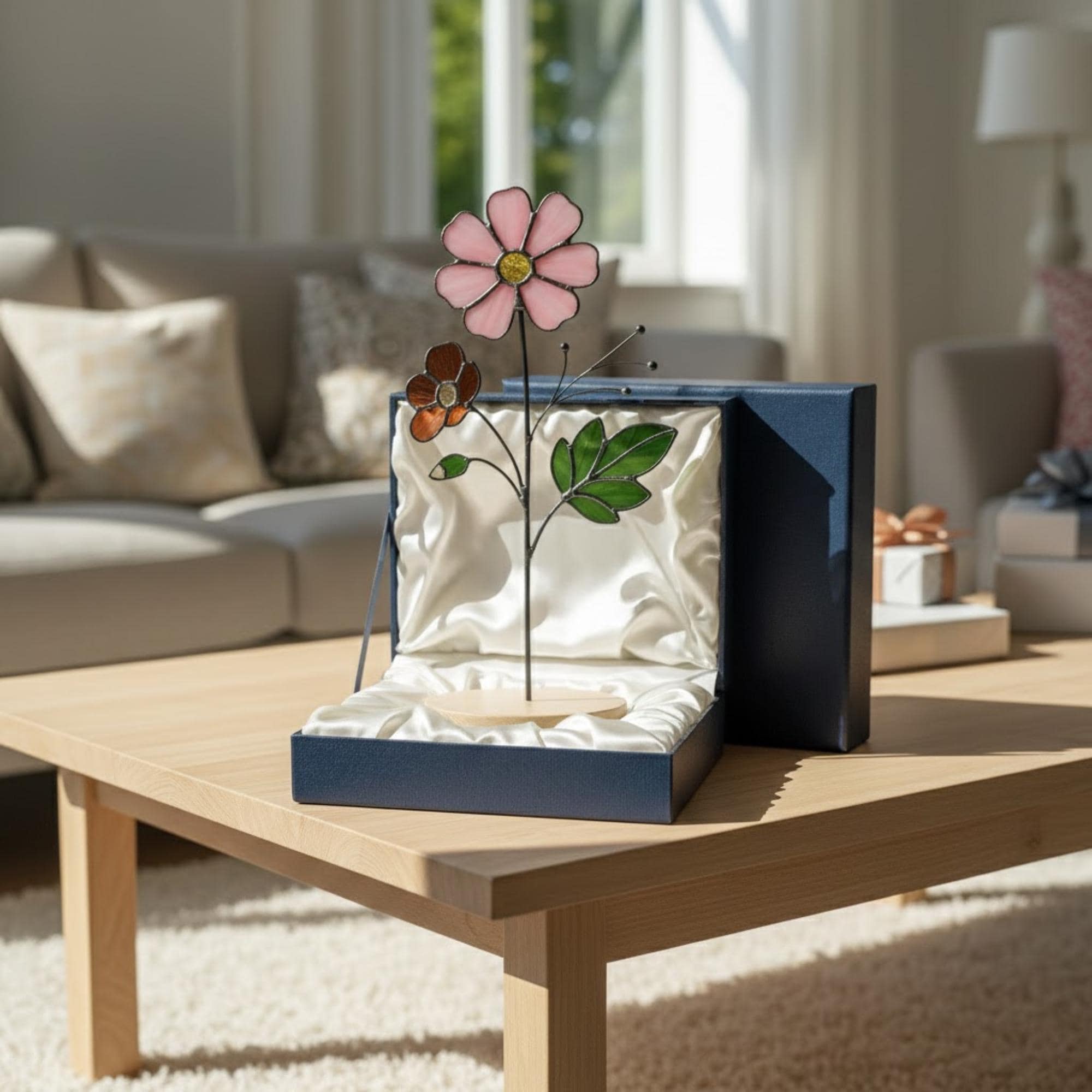 Stained glass birth month flower collection on wood stand, personalized family garden gift for mom, comprising 12 monthly floral designs like rose daisy and daffodil.