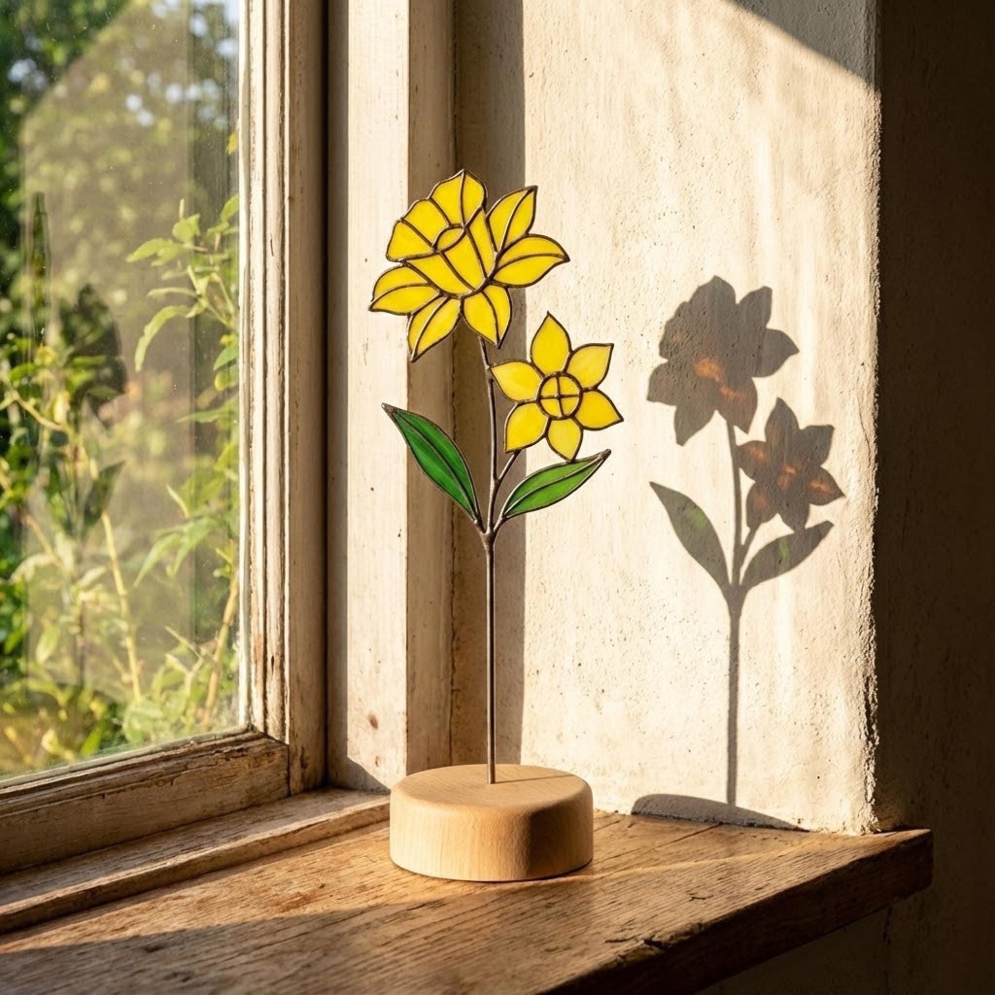 Stained glass birth month flower collection on wood stand, personalized family garden gift for mom, comprising 12 monthly floral designs like rose daisy and daffodil.