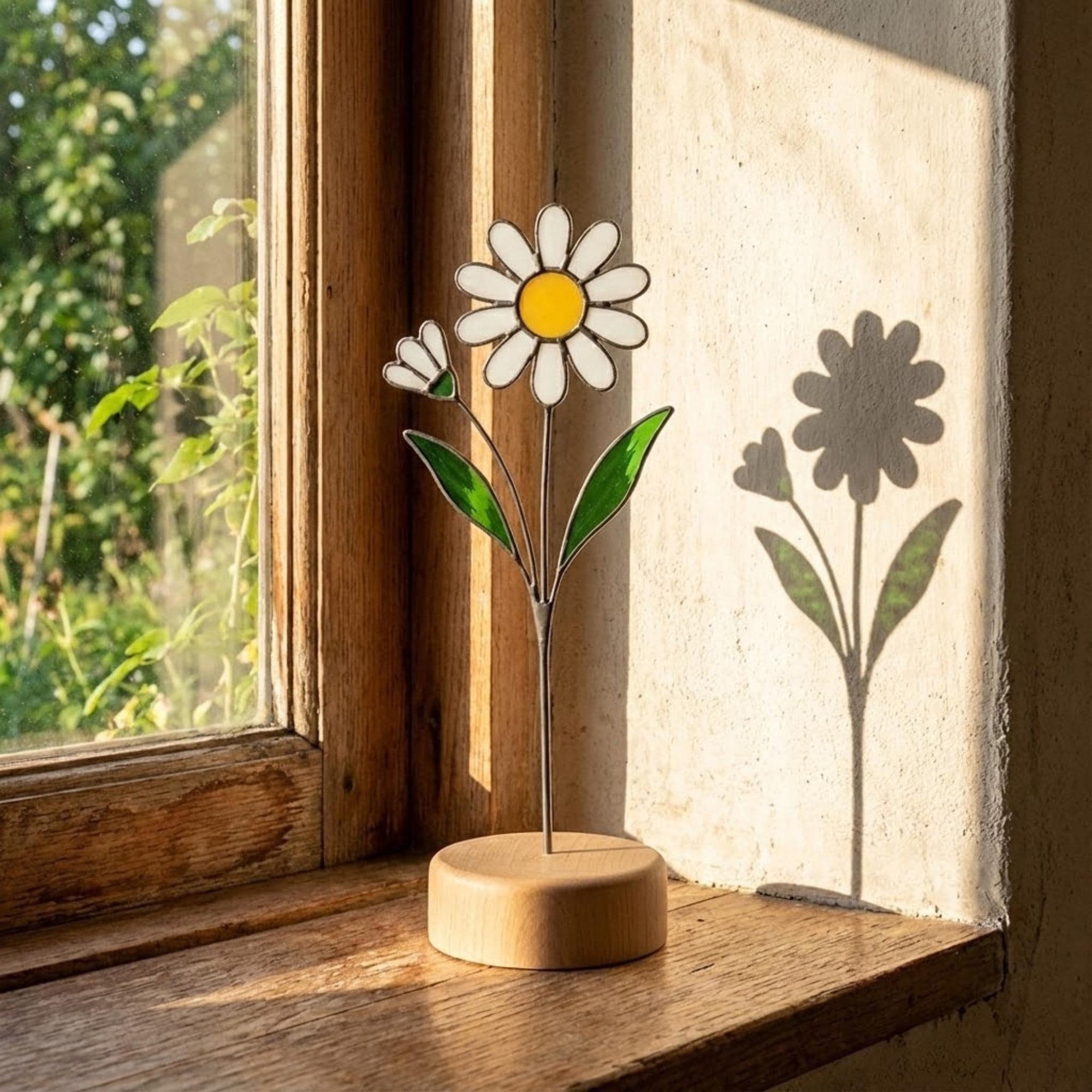 Stained glass birth month flower collection on wood stand, personalized family garden gift for mom, comprising 12 monthly floral designs like rose daisy and daffodil.