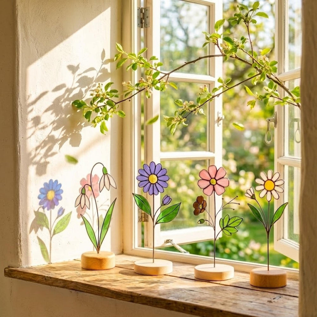Stained glass birth month flower collection on wood stand, personalized family garden gift for mom, comprising 12 monthly floral designs like rose daisy and daffodil.