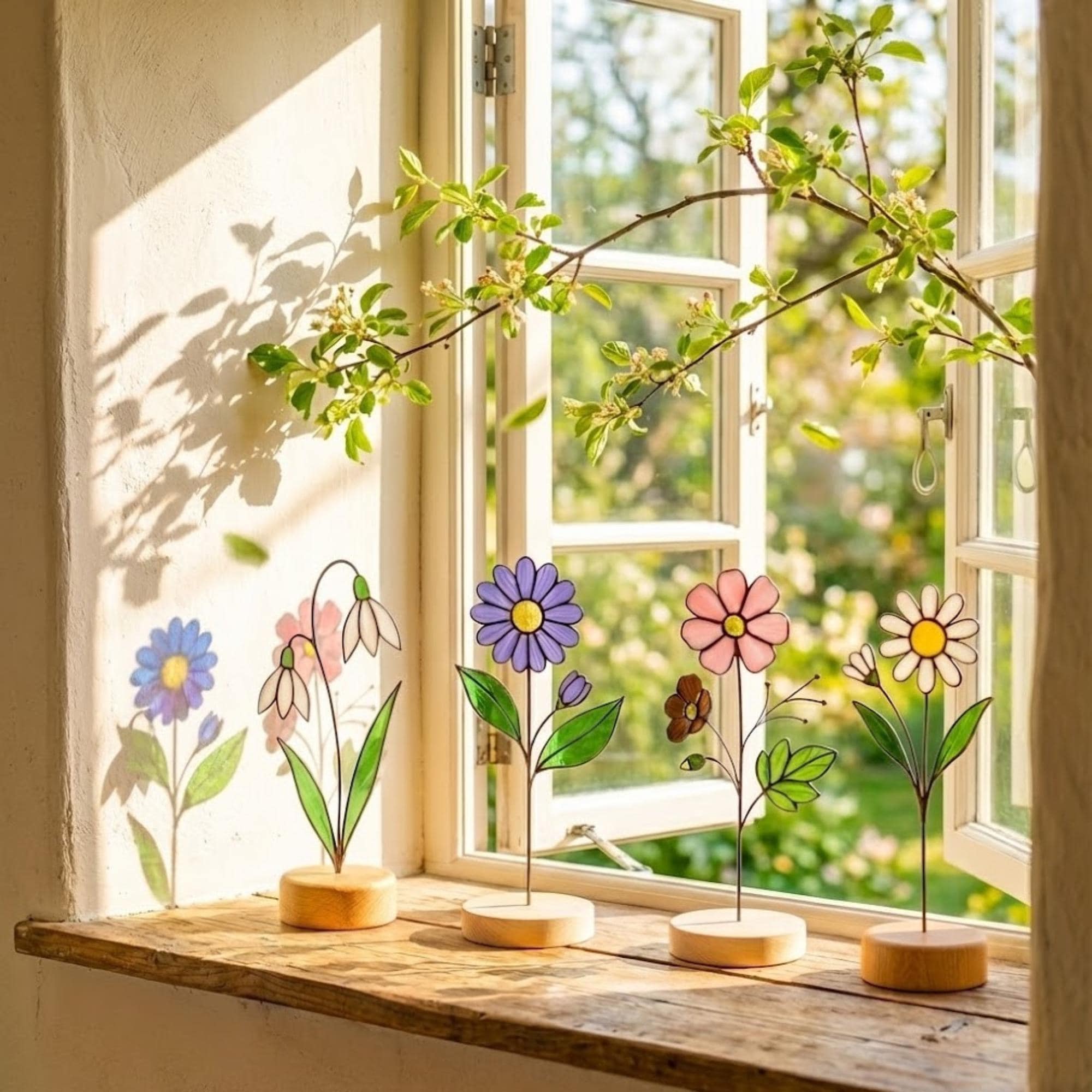 Stained glass birth month flower collection on wood stand, personalized family garden gift for mom, comprising 12 monthly floral designs like rose daisy and daffodil.