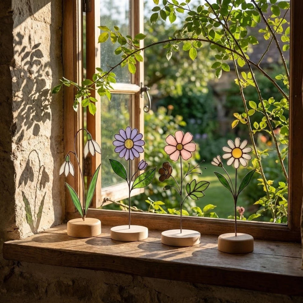 Stained glass birth month flower collection on wood stand, personalized family garden gift for mom, comprising 12 monthly floral designs like rose daisy and daffodil.