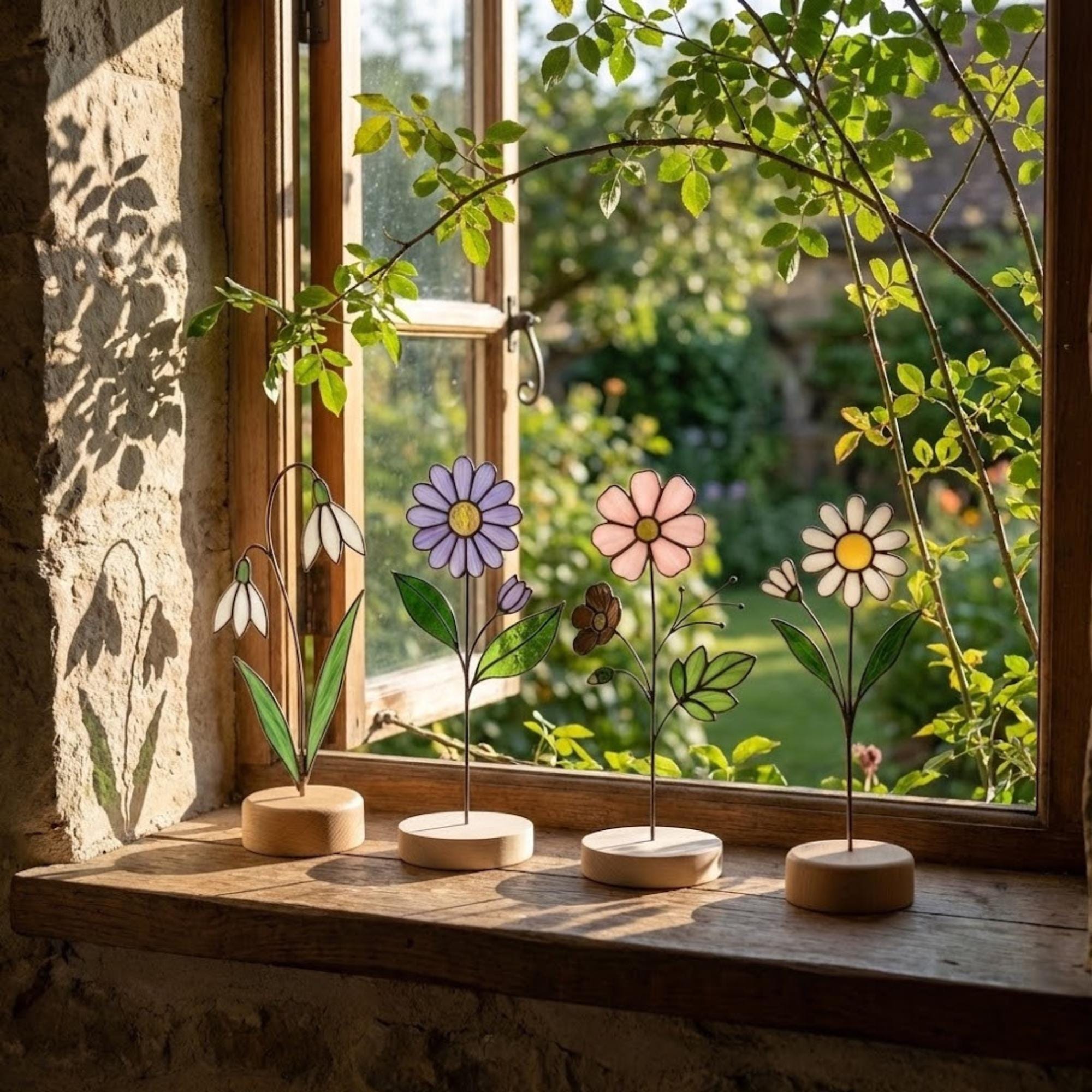 Stained glass birth month flower collection on wood stand, personalized family garden gift for mom, comprising 12 monthly floral designs like rose daisy and daffodil.