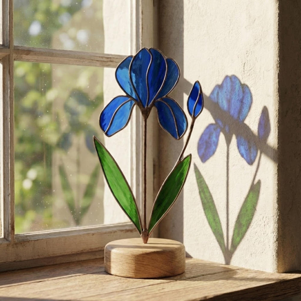 Stained glass birth month flower collection on wood stand, personalized family garden gift for mom, comprising 12 monthly floral designs like rose daisy and daffodil.