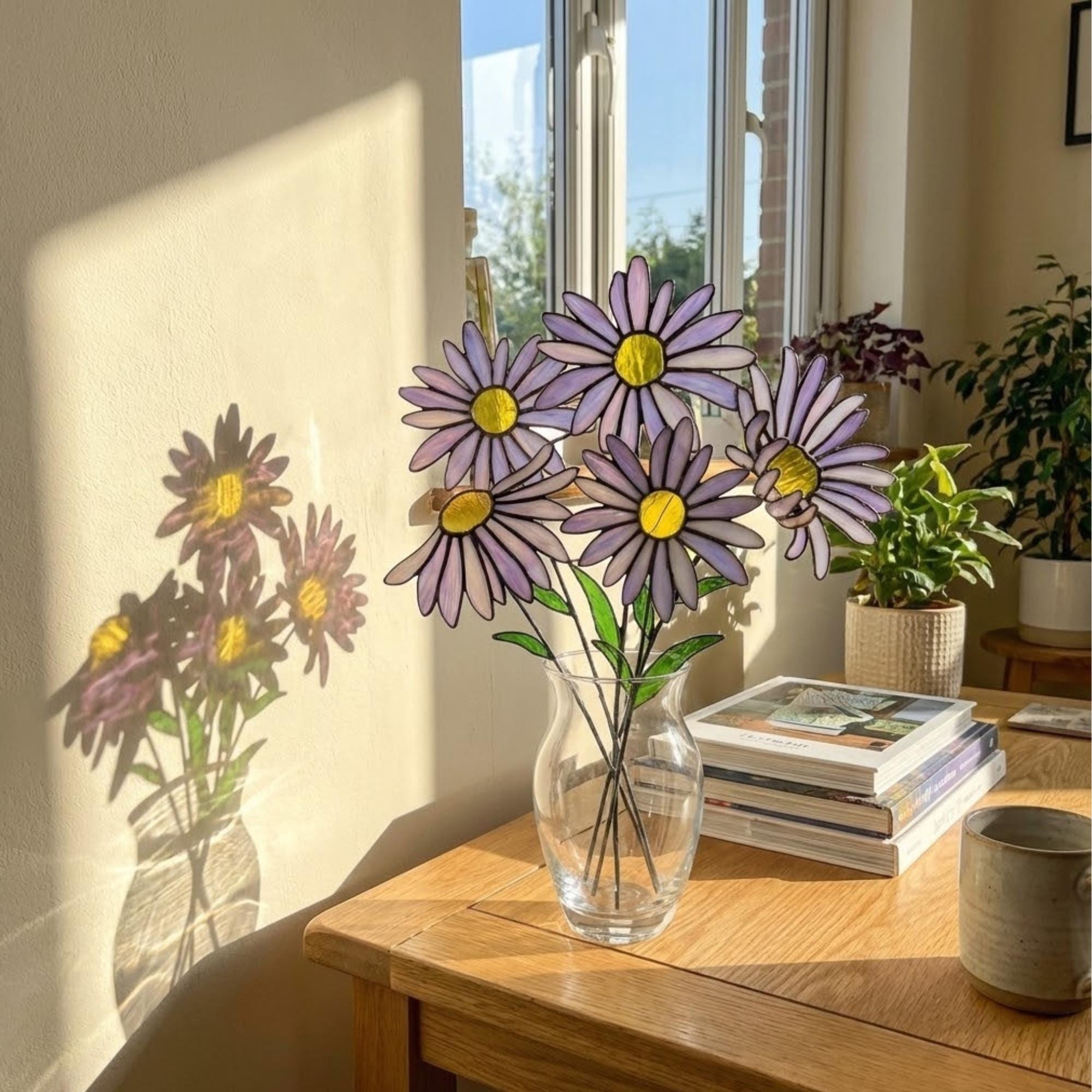 Stained glass purple aster flower bouquet, artificial wildflower stem for vase decor, purple daisy glass art gift for her.