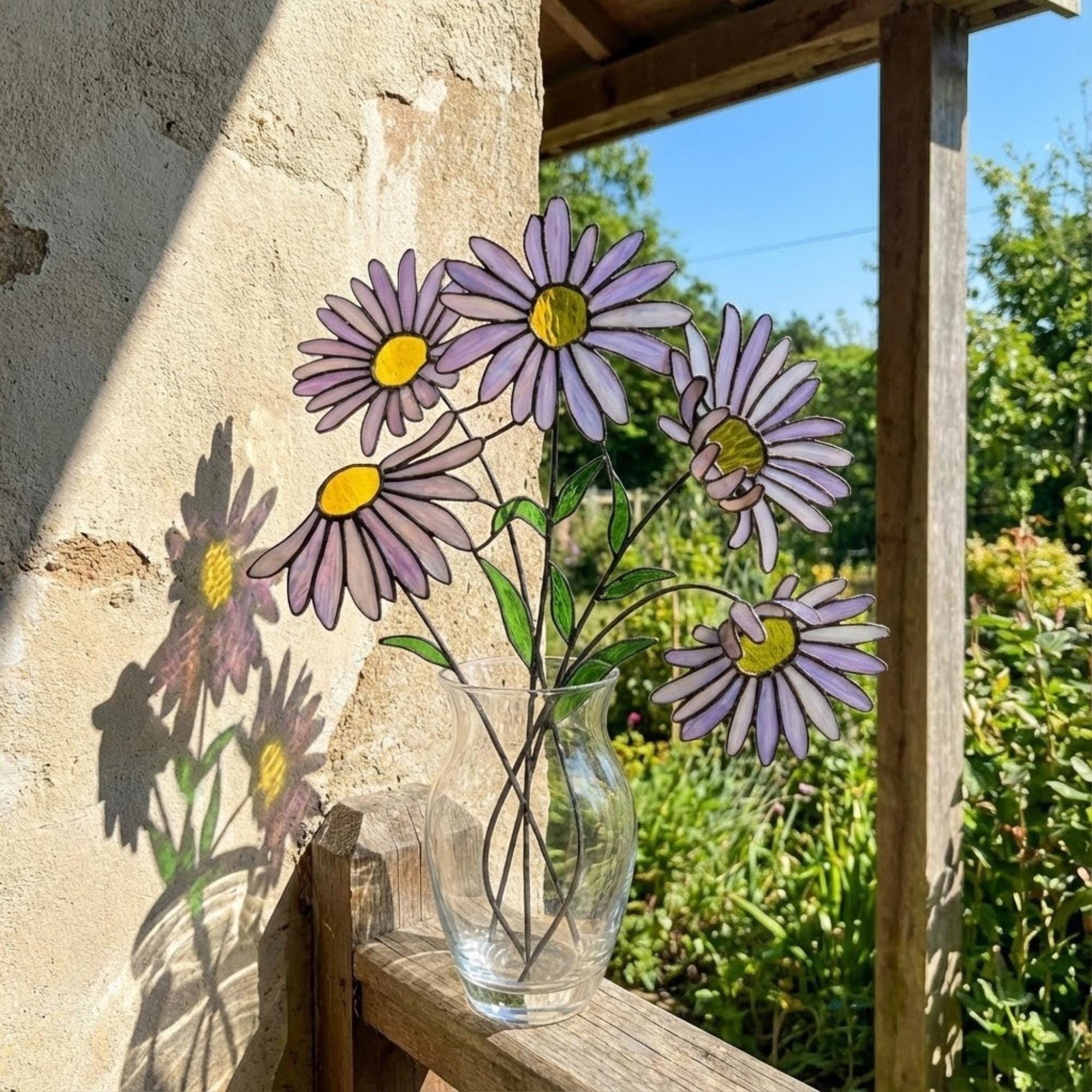 Stained glass purple aster flower bouquet, artificial wildflower stem for vase decor, purple daisy glass art gift for her.