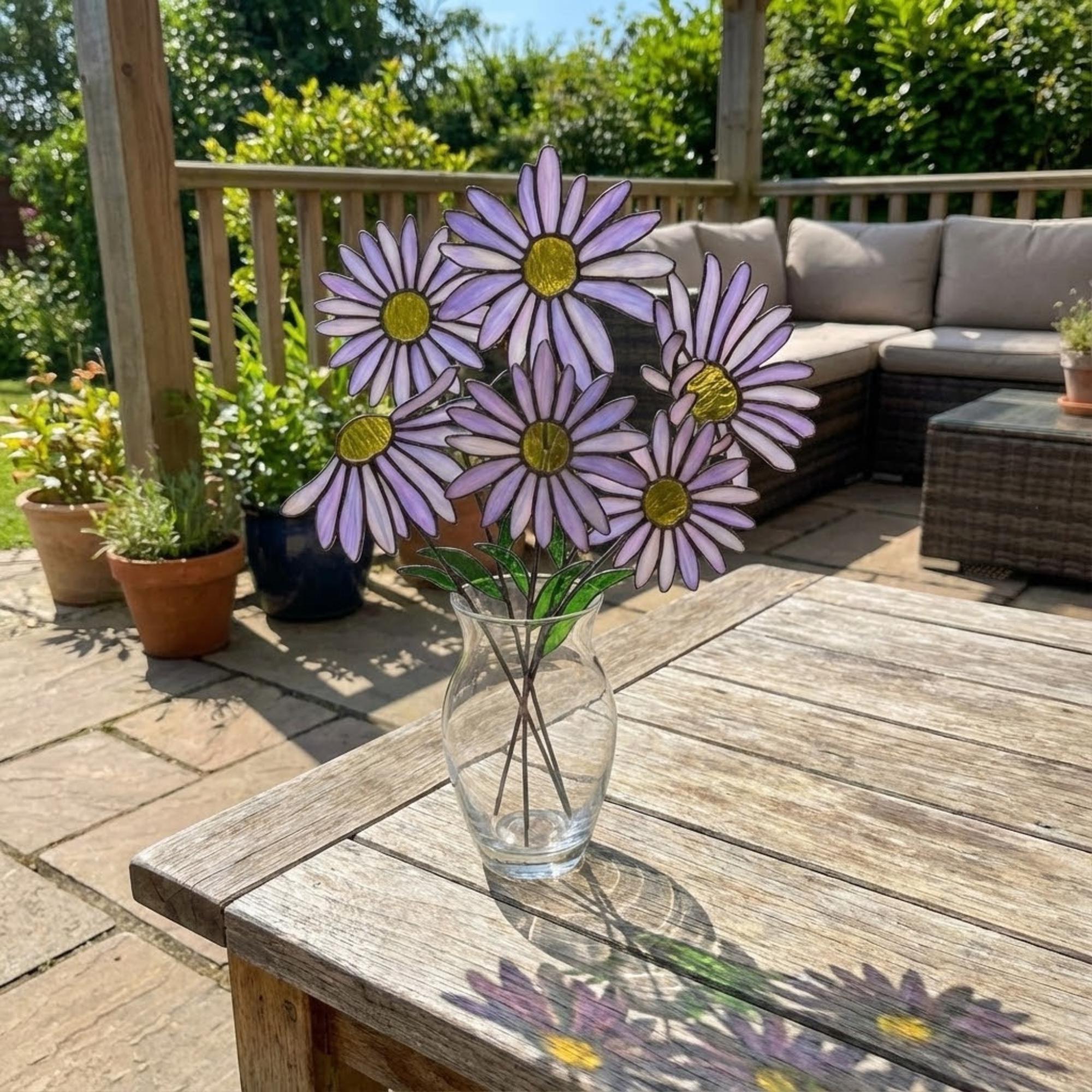 Stained glass purple aster flower bouquet, artificial wildflower stem for vase decor, purple daisy glass art gift for her.