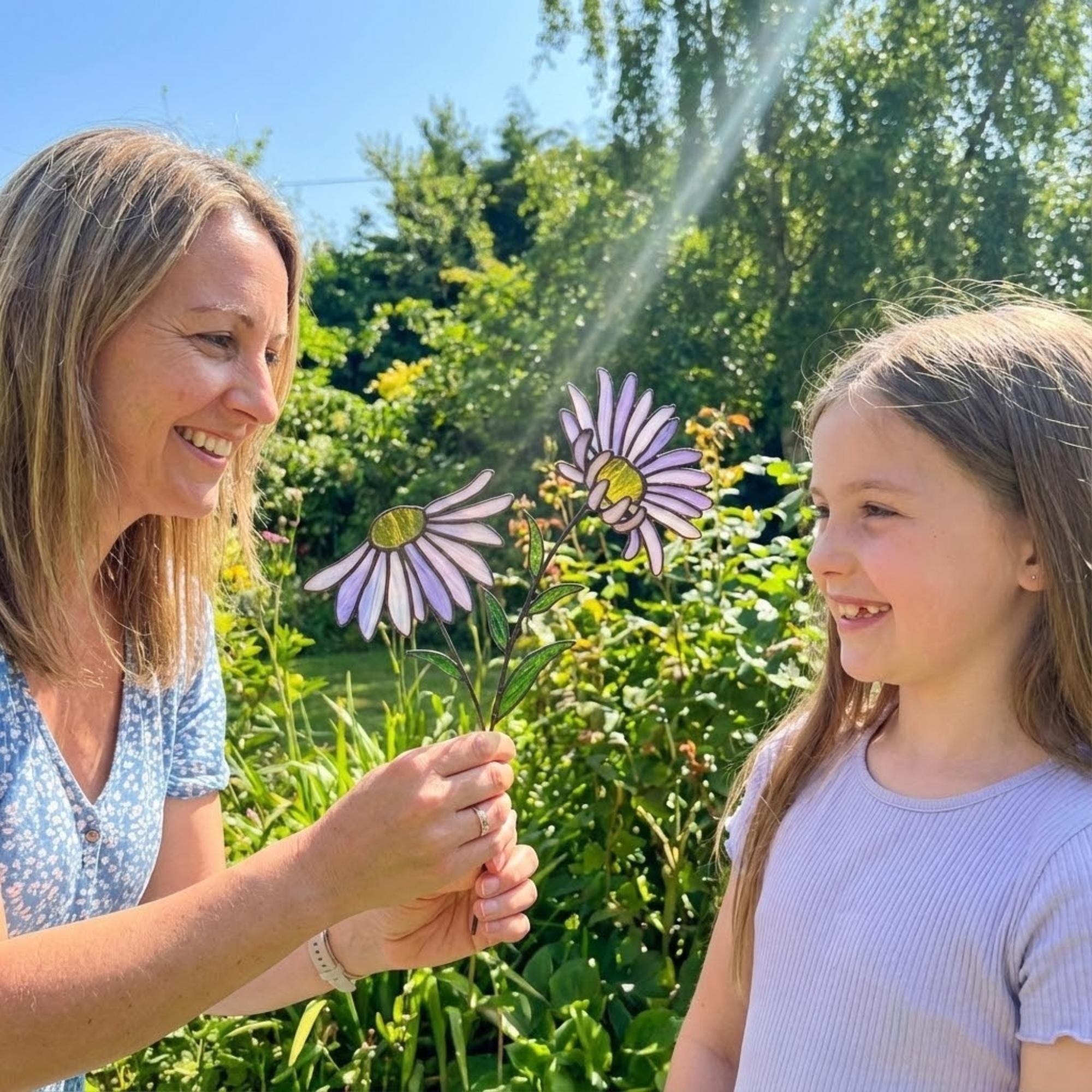 Stained glass purple aster flower bouquet, artificial wildflower stem for vase decor, purple daisy glass art gift for her.