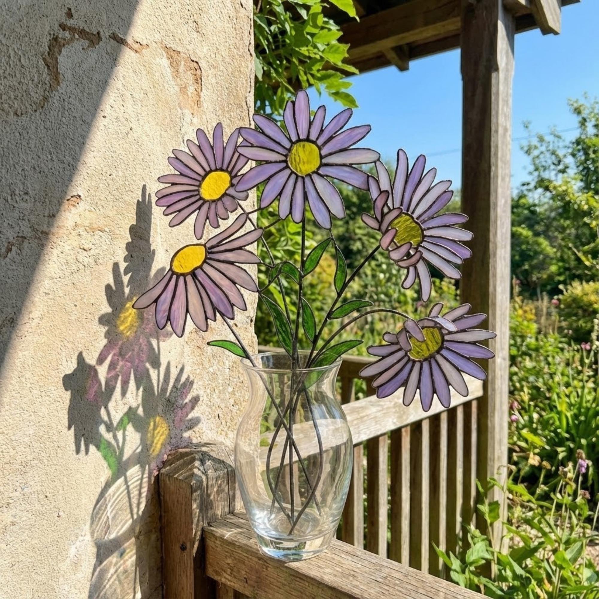 Stained glass purple aster flower bouquet, artificial wildflower stem for vase decor, purple daisy glass art gift for her.
