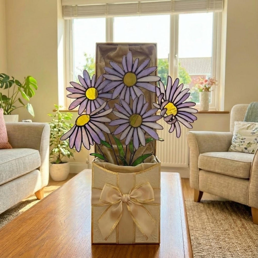 Stained Glass Purple Aster Flower Bouquet | Forever Wildflower Glass Art | Cottagecore Vase Decor | Gift for Her | Faux Floral Arrangement