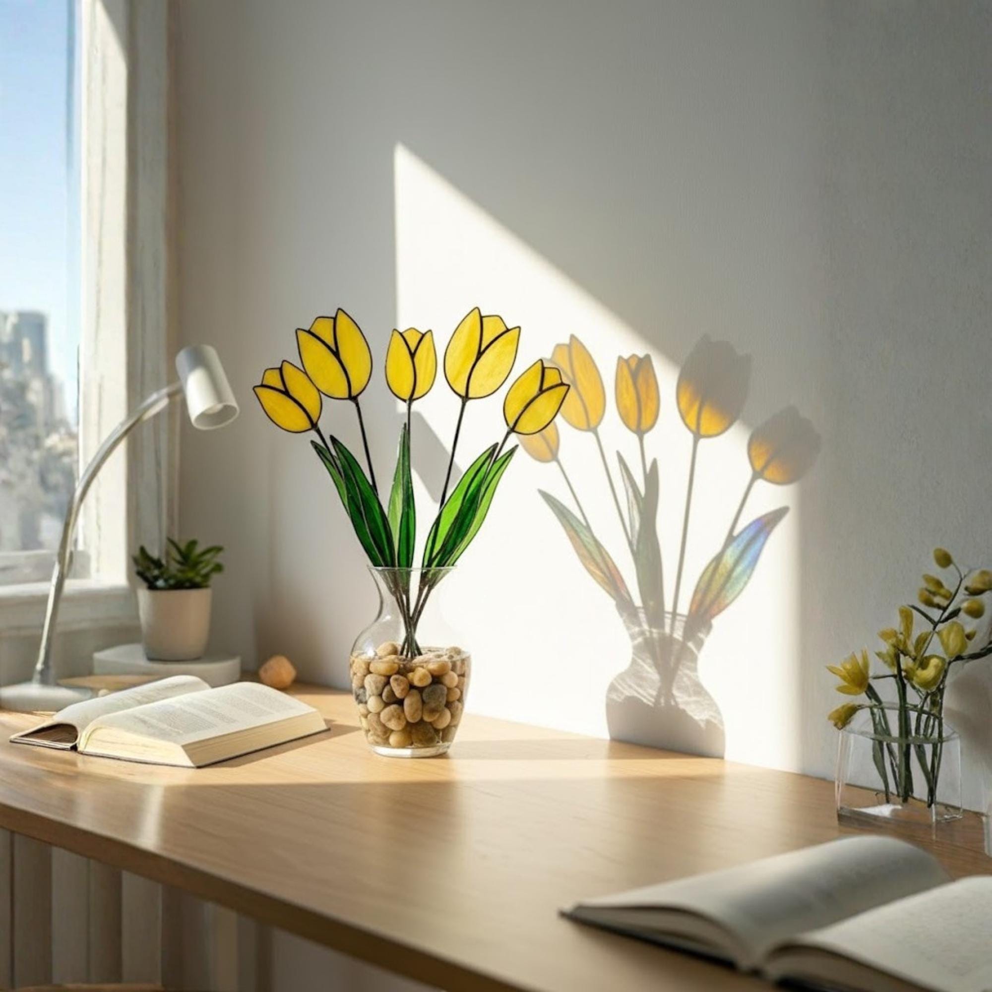 Stained glass tulip flower bouquet, colorful spring decor stems for vase, eternal glass art gift for mom.