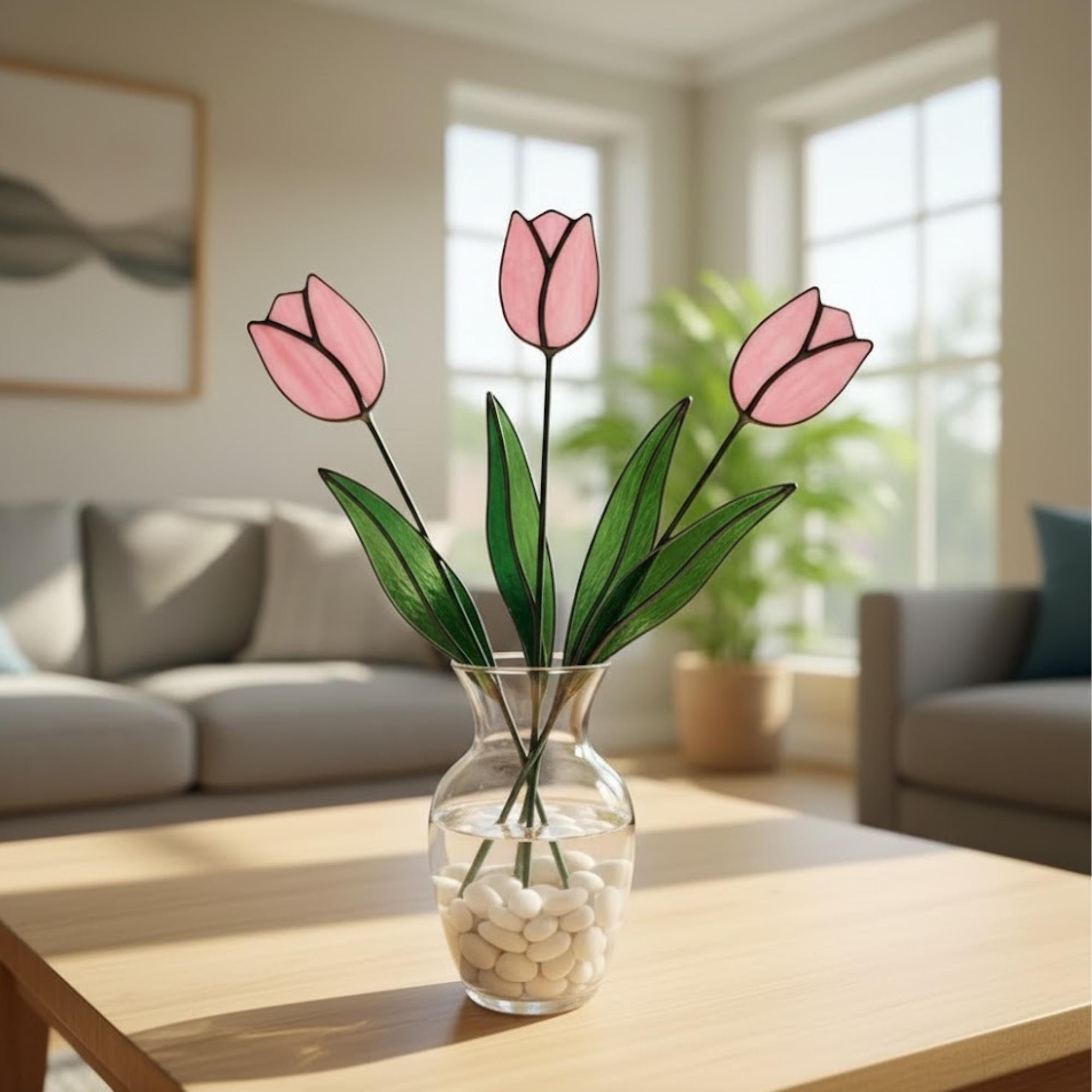 Stained glass tulip flower bouquet, colorful spring decor stems for vase, eternal glass art gift for mom.