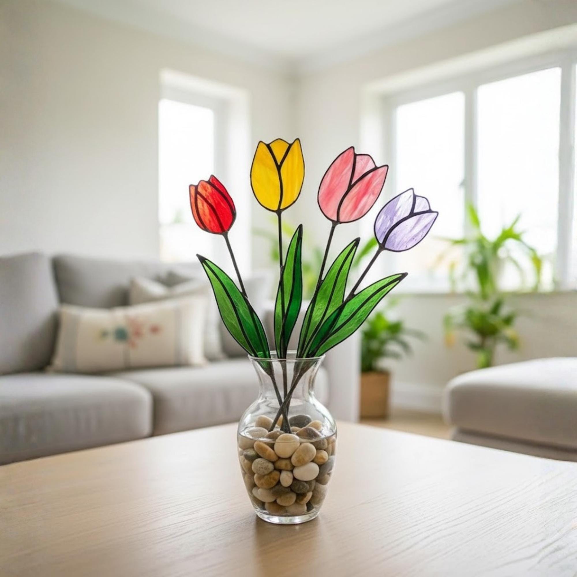 Stained glass tulip flower bouquet, colorful spring decor stems for vase, eternal glass art gift for mom.