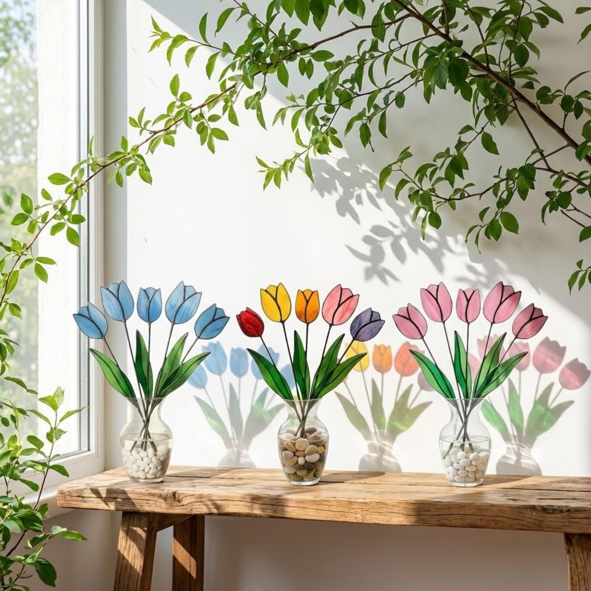 Stained glass tulip flower bouquet, colorful spring decor stems for vase, eternal glass art gift for mom.