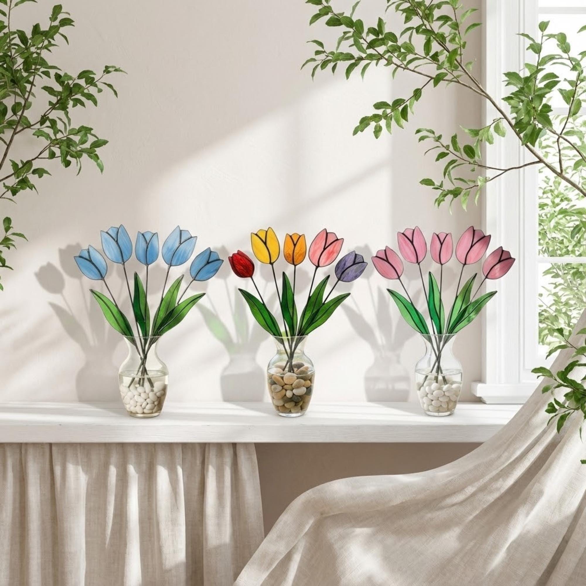 Stained glass tulip flower bouquet, colorful spring decor stems for vase, eternal glass art gift for mom.