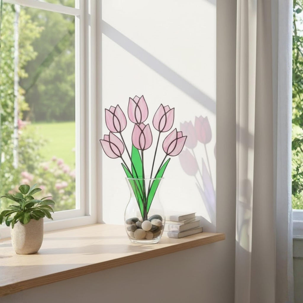 Pink Stained Glass Tulip Suncatcher, Glass Flower Bouquet for Vase, Mothers Day Gift for Mom, Birthday Gift for Her, Spring Home Decor