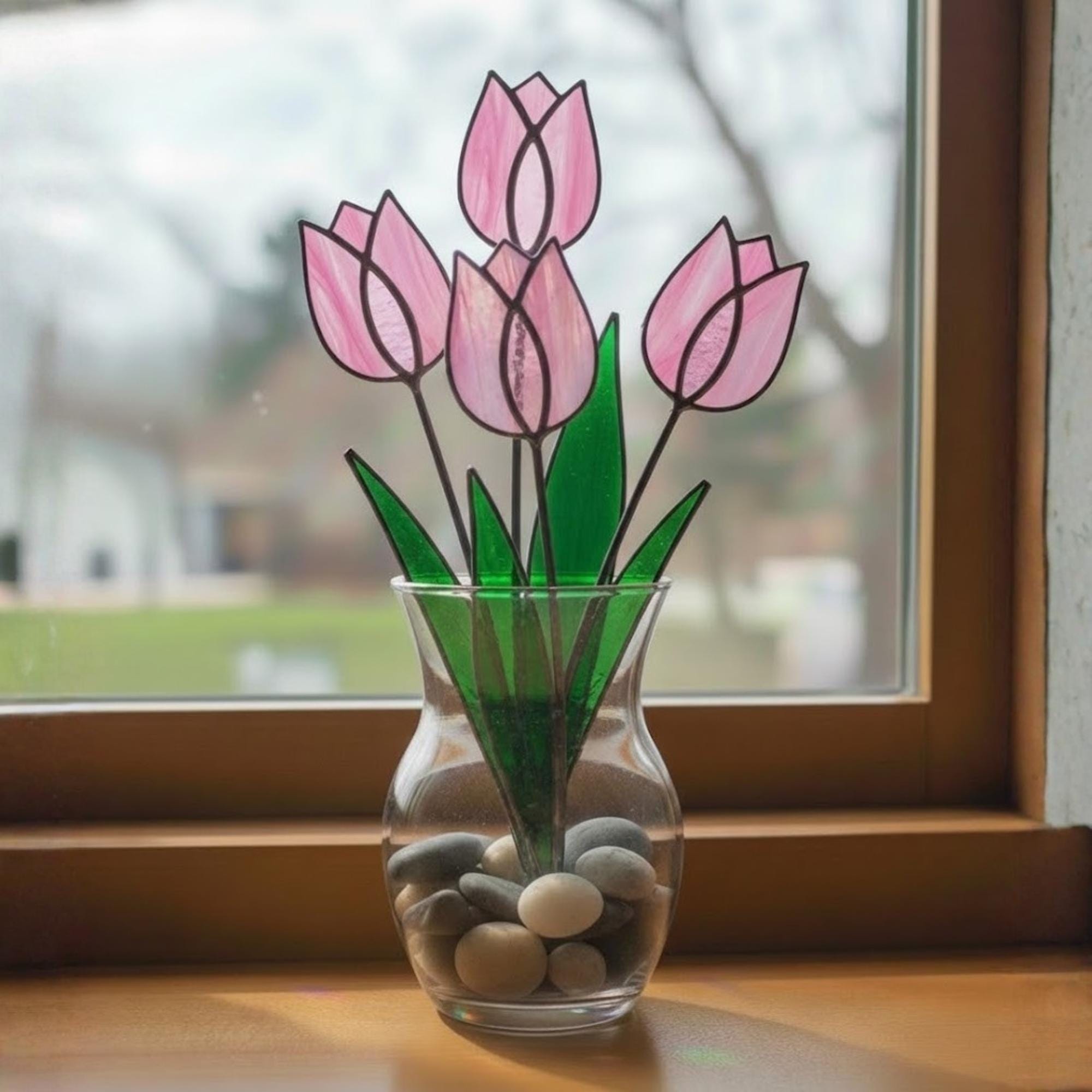 Pink Stained Glass Tulip Suncatcher, Glass Flower Bouquet for Vase, Mothers Day Gift for Mom, Birthday Gift for Her, Spring Home Decor