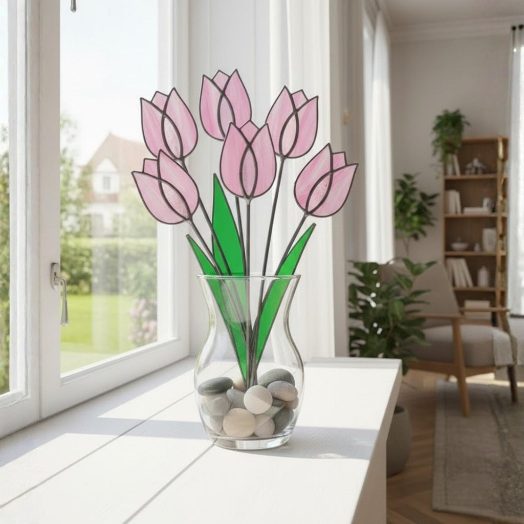 Pink Stained Glass Tulip Suncatcher, Glass Flower Bouquet for Vase, Mothers Day Gift for Mom, Birthday Gift for Her, Spring Home Decor