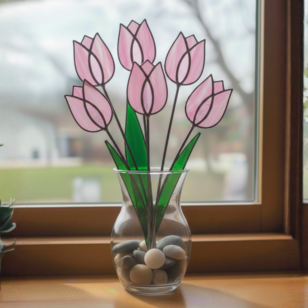Pink Stained Glass Tulip Suncatcher, Glass Flower Bouquet for Vase, Mothers Day Gift for Mom, Birthday Gift for Her, Spring Home Decor