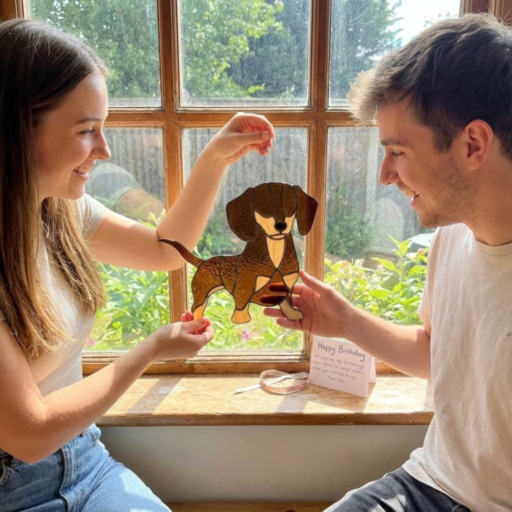 Stained Glass Dachshund Suncatcher, Pet Memorial Gift, Wiener Dog Art, Sausage Dog Ornament, Dog Lover Gift for Mom, Window Hanging