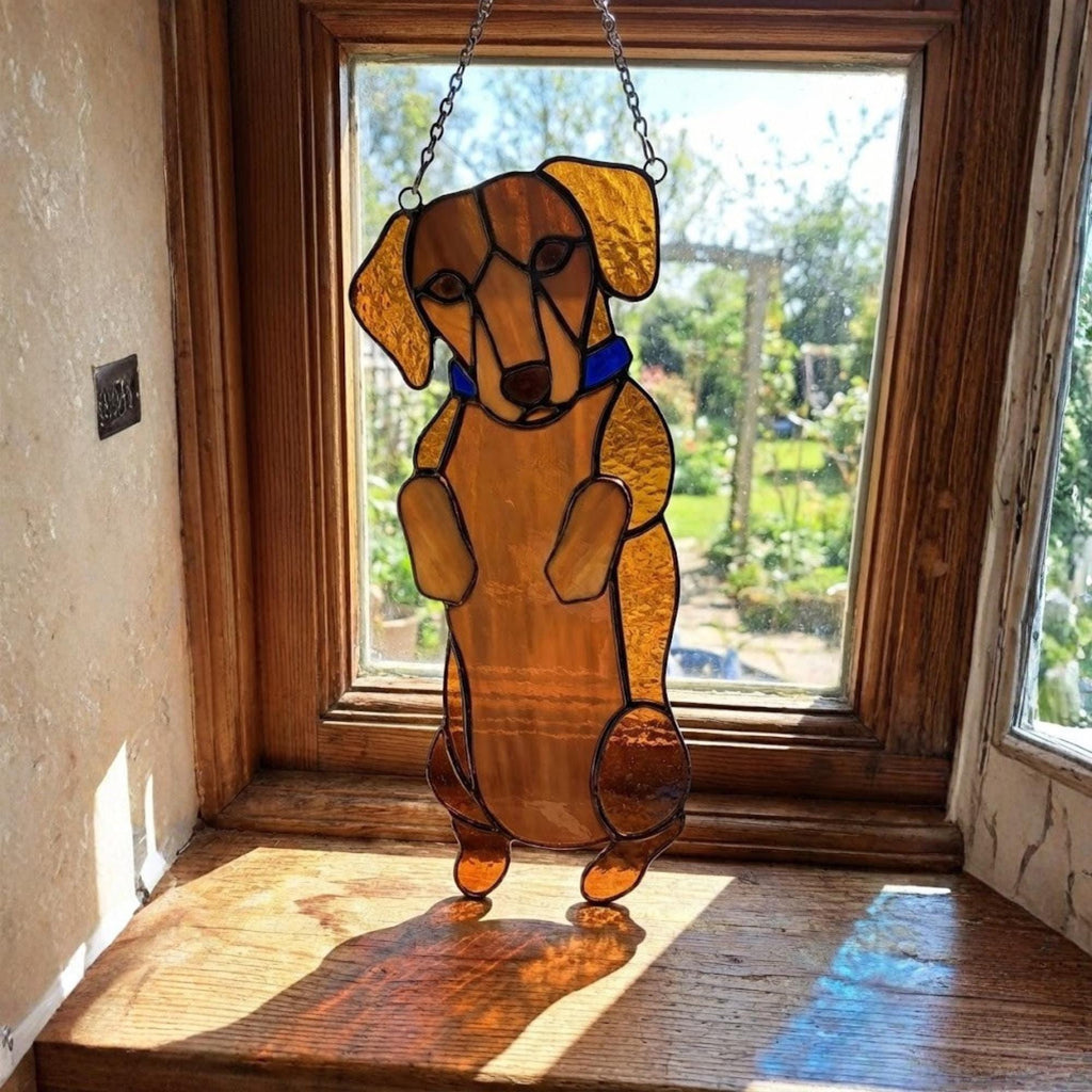 Stained Glass Dachshund Suncatcher, Pet Memorial Gift, Wiener Dog Art, Sausage Dog Ornament, Dog Lover Gift for Mom, Window Hanging